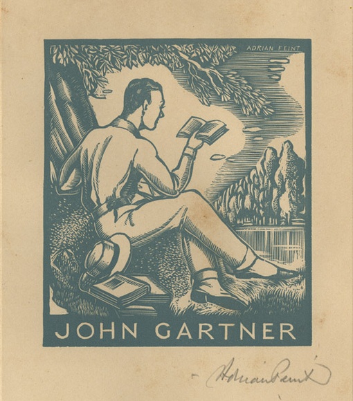 Artist: b'FEINT, Adrian' | Title: b'Bookplate: John Gartner.' | Date: (1938) | Technique: b'wood-engraving, printed in blue ink, from one block' | Copyright: b'Courtesy the Estate of Adrian Feint'