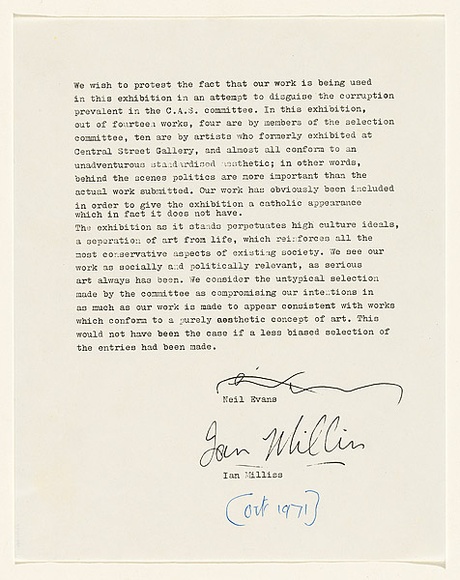 Artist: b'MILLISS, Ian' | Title: b'(Joint letter protesting C.A.S. policy)' | Date: (1971) | Technique: b'photocopy'