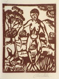 Artist: b'Stephen, Clive.' | Title: b'(Nude in landscape)' | Date: c.1948 | Technique: b'linocut, printed in brown ink, from one block'