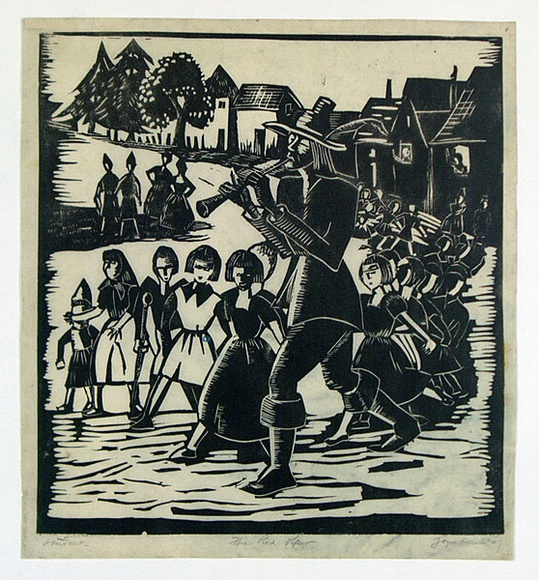 Artist: b'Allen, Joyce.' | Title: b'The Pied Piper.' | Date: 1947 | Technique: b'linocut, printed in black ink, from one block'