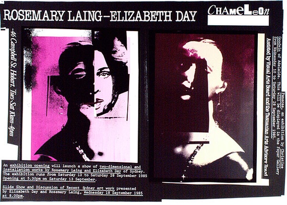 Artist: b'ARNOLD, Raymond' | Title: b'Rosemary Laing, Elizabeth Day, Chameleon Gallery, Hobart.' | Date: 1985 | Technique: b'screenprint, printed in colour, from five stencils'