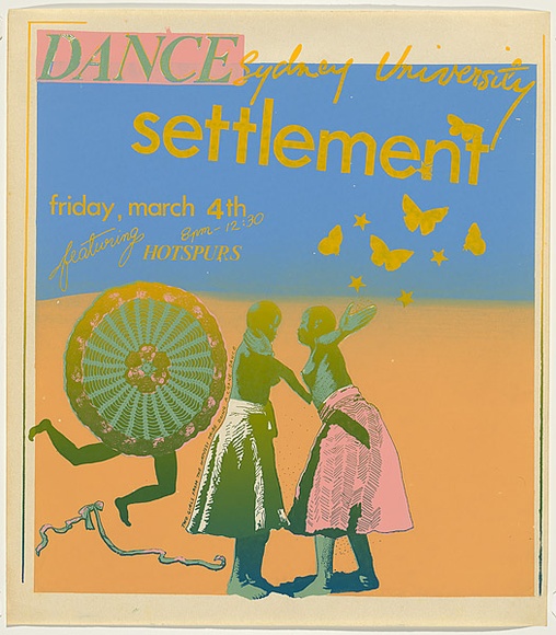 Title: b'Dance-Settlement-Hotspurs.' | Date: 1977 | Technique: b'screenprint, printed in colour, from five stencils,' | Copyright: b'\xc2\xa9 Marie McMahon. Licensed by VISCOPY, Australia'