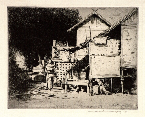 Artist: Menpes, Mortimer. | Title: (North African hut with girl carrying a tub) | Date: 1914 | Technique: etching and drypoint, printed in black ink, from one plate