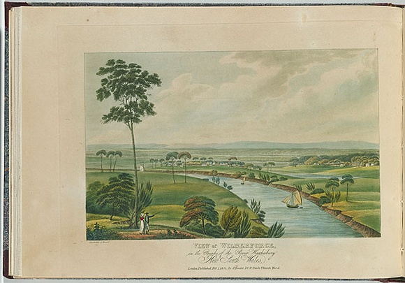 Artist: b'Lycett, Joseph.' | Title: b'View of Wilberforce, on the banks of the River Hawkesbury, New South Wales.' | Date: 1825 | Technique: b'etching and aquatint, printed in black ink, from one copper plate; hand-coloured'