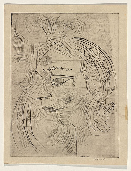 Title: bnot titled [woman's profile with circle background] | Date: c.1958 | Technique: b'etching and drypoint, printed in black ink, from one plate'