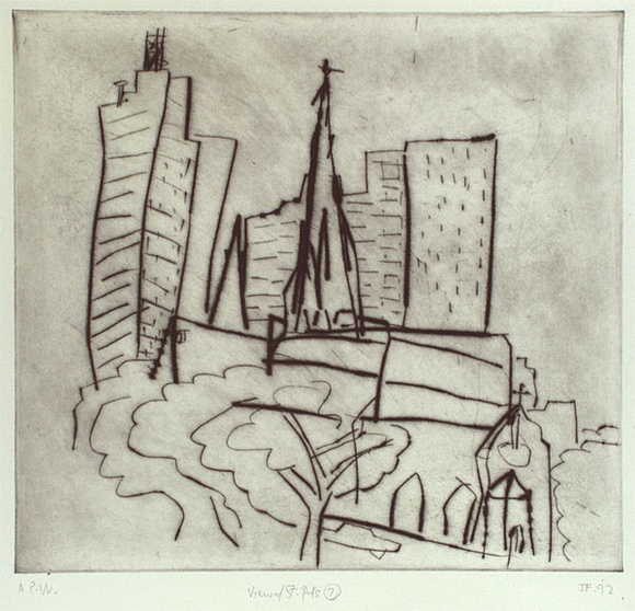 Artist: b'Furlonger, Joe.' | Title: b'View of St. Pats 7 (clean plate)' | Date: 1992 | Technique: b'drypoint, printed in black ink with plate-tone, from one plate'