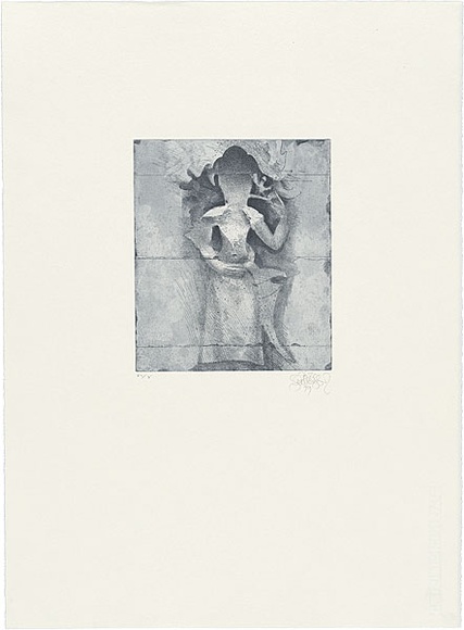 Title: b'Faceless' | Date: 1999 | Technique: b'softground-etching and aquatint, printed in blue/black ink, from one plate'