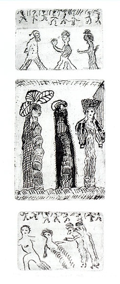 Artist: b'SHEARER, Mitzi' | Title: bThe worm's night out | Date: 1978 | Technique: b'etching, printed in black, with plate-tone, from three plates (three images)'