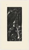 Artist: AMOR, Rick | Title: not titled (large raven and cowering man 2). | Date: (1990) | Technique: woodcut, printed in black ink, from one block