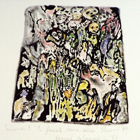 Artist: b'Shearer, Mitzi.' | Title: b'The forest came alive' | Date: 1984-88 | Technique: b'etching, printed in black ink, from one  plate, hand-coloured'