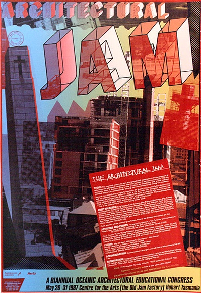 Artist: b'ARNOLD, Raymond' | Title: b'Architectural jam. A biannual Oceanic Architectural Eduction Congress.' | Date: 1987 | Technique: b'screenprint, printed in colour, from six stencils'