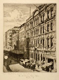 Artist: LINDSAY, Lionel | Title: The old Evening News Office, Market Street, Sydney | Date: 1926 | Technique: etching, drypoint and aquatint, printed in black ink with plate-tone, from one plate | Copyright: Courtesy of the National Library of Australia