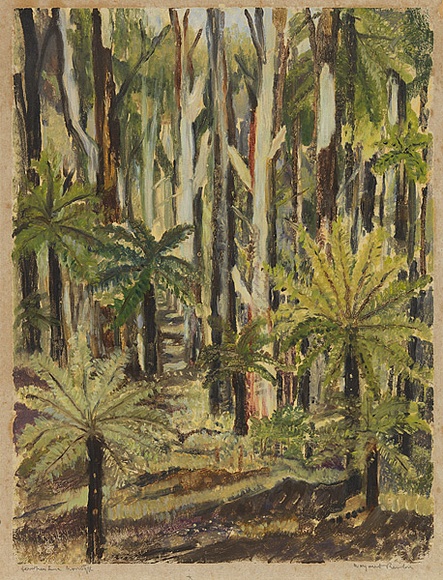 Artist: b'PRESTON, Margaret' | Title: b'Fern trees, Laura.' | Date: 1946 | Technique: b'monotype, printed in colour, from one masonite sheet' | Copyright: b'\xc2\xa9 Margaret Preston. Licensed by VISCOPY, Australia'