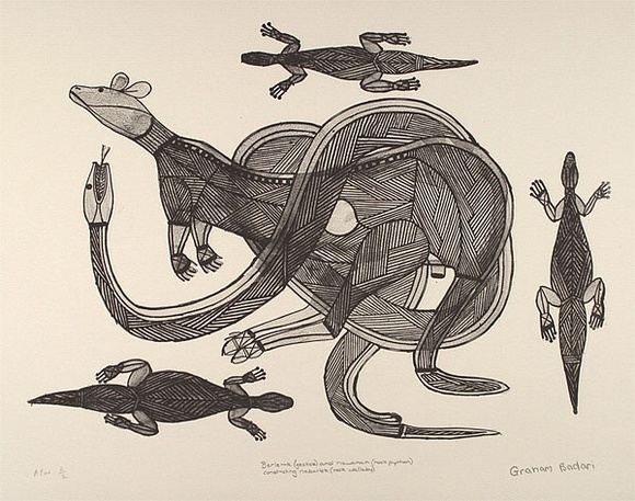 Artist: b'Badari, Graham.' | Title: b'Geckos, rock python, rock wallaby' | Date: 1989-2002 | Technique: b'lithograph, printed in black ink, from one stone'