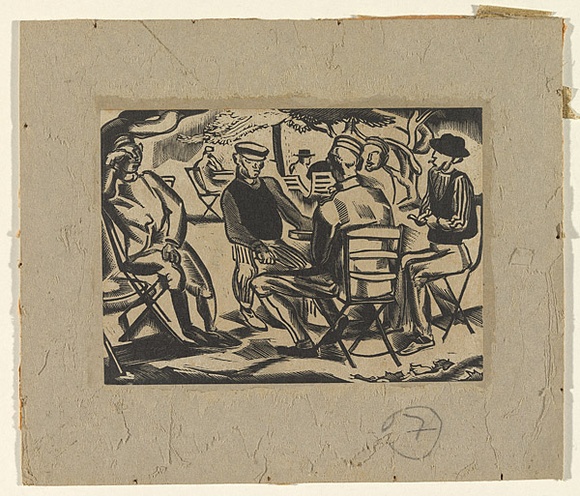 Artist: b'Medworth, Frank.' | Title: b'Cafe en la Plazza' | Date: c.1941 | Technique: b'wood-engraving, printed in black ink, from one block'