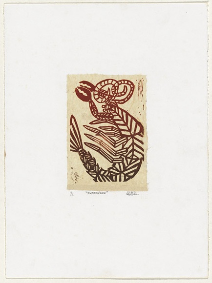 Artist: b'Hobson, Silas.' | Title: b'Kuntapuku' | Date: 1998 | Technique: b'linocut, printed in brown ink, from one block'