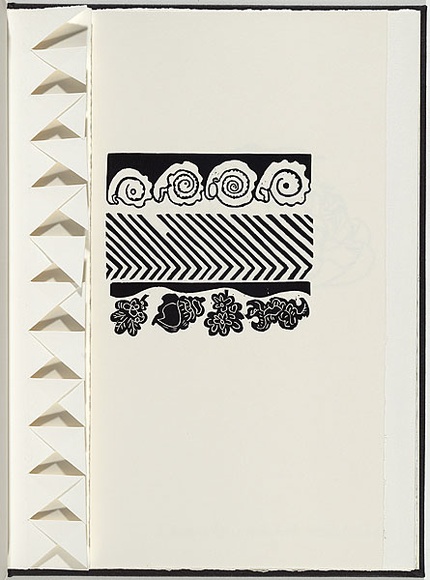 Artist: b'White, Robin.' | Title: b'Not titled (four shells above zigzag pattern over flowers).' | Date: 1985 | Technique: b'woodcut, printed in black ink, from one block'