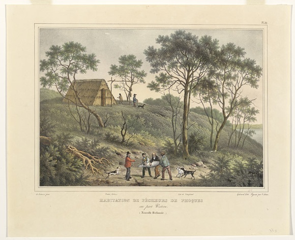 Artist: b'Sainson, Louis de.' | Title: b'Habitation de pecheurs de phoques au Port Western. (House of the seal fishermen, Western Port)' | Date: 1833 | Technique: b'lithograph, printed in black ink, from one stone; hand-coloured and with varnished highlights'
