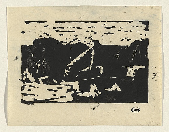 Artist: b'WILLIAMS, Fred' | Title: b'Landscape, Kent [3rd version]' | Date: c.1954 | Technique: b'linocut, printed in black ink, from one block' | Copyright: b'\xc2\xa9 Fred Williams Estate'