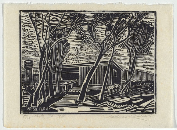 Artist: b'Ratas, Vaclovas.' | Title: b'Shearing shed.' | Date: 1950 | Technique: b'wood-engraving, printed in black ink, from one block'