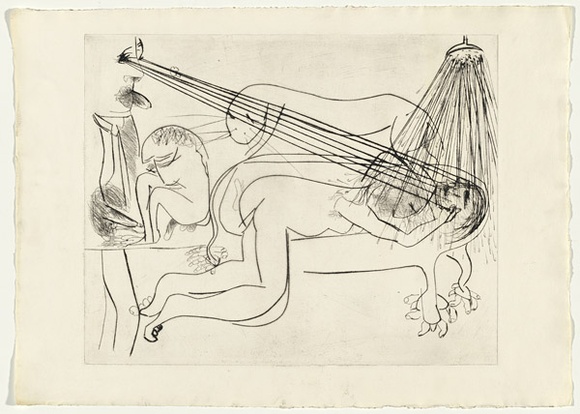 Artist: b'BOYD, Arthur' | Title: b'Hypnotist with nude, bath and beast.' | Date: (1968-69) | Technique: b'drypoint, printed in black ink, from one plate' | Copyright: b'Reproduced with permission of Bundanon Trust'