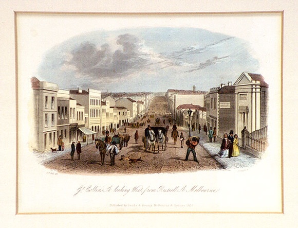 Title: b'Gt. Collins St., looking West from Russell St., Melbourne' | Date: 1857 | Technique: b'engraving, hand-coloured'