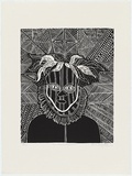Artist: b'TUNGUTALUM, Bede' | Title: b'Owl dreaming (Self portrait)' | Date: 1988 | Technique: b'linocut, printed in black ink, from one block' | Copyright: b'\xc2\xa9 Bede Tungutalum, Licensed by VISCOPY, Australia'