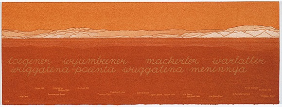 Artist: b'MADDOCK, Bea' | Title: b'Terra Spiritus...with a darker shade of pale' | Date: 1993-98 | Technique: b'stencil print, printed in hand-ground Launceston ochre from multiple hand-cut mylar stencils; letterpress text blind printed; hand-drawn script'