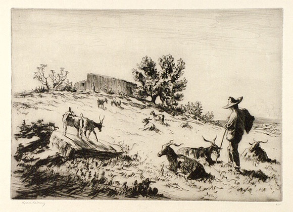 Artist: b'LINDSAY, Lionel' | Title: b'A Sicilian goatherd near Syracuse' | Date: 1927 | Technique: b'drypoint, printed in brown ink with plate-tone, from one plate' | Copyright: b'Courtesy of the National Library of Australia'