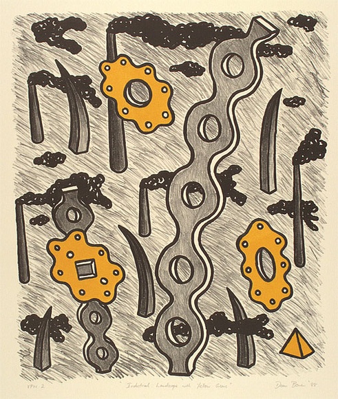 Artist: b'Bowen, Dean.' | Title: b'Industrial landscape with yellow gears' | Date: 1988 | Technique: b'lithograph, printed in yellow and black ink, from two stones'