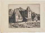 Artist: b'LINDSAY, Lionel' | Title: b'Palace of the King of Poland, Angers, France.' | Date: 1932 | Technique: b'drypoint, printed in brown ink with plate-tone, from one plate' | Copyright: b'Courtesy of the National Library of Australia'