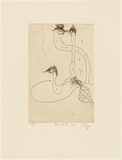 Artist: OLSEN, John | Title: Emus by the lake | Date: 1975 | Technique: etching, printed in brown ink with plate-tone, from one zinc plate | Copyright: © John Olsen. Licensed by VISCOPY, Australia