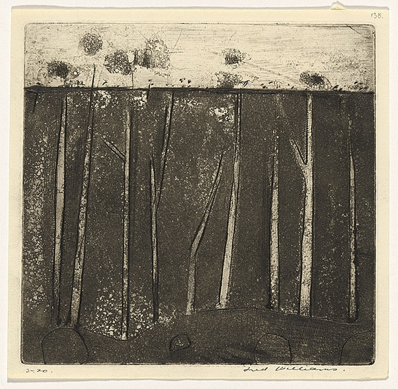 Artist: b'WILLIAMS, Fred' | Title: b'Gum trees at Colo Vale' | Date: 1958 | Technique: b'etching, aquatint, engraving and drypoint, printed in black ink, from one copper plate' | Copyright: b'\xc2\xa9 Fred Williams Estate'