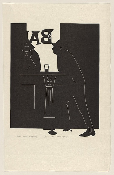 Artist: b'Thake, Eric.' | Title: b'She\'s warm alright!' | Date: 1966-67 | Technique: b'linocut, printed in black ink, from one block'