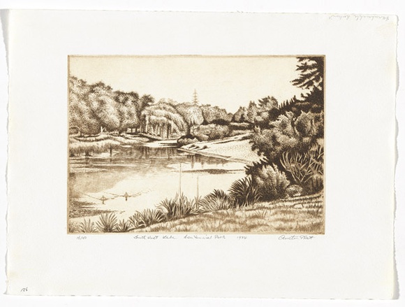 Artist: b'PLATT, Austin' | Title: b'South-west lake, Centennial Park' | Date: 1984 | Technique: b'etching, printed in black ink, from one plate'