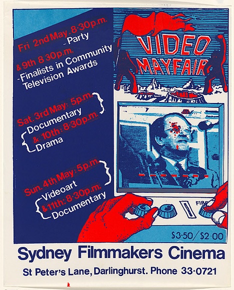 Artist: Lane, Leonie. | Title: Video Mayfair ...Sydney Filmmakers' Cinema. | Date: 1980 | Technique: screenprint, printed in colour, from three stencils | Copyright: © Leonie Lane