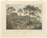 Artist: Sainson, Louis de. | Title: Habitation de pecheurs de phoques au Port Western. (House of the seal fishermen, Western Port) | Date: 1833 | Technique: lithograph, printed in black ink, from one stone; hand-coloured and with varnished highlights