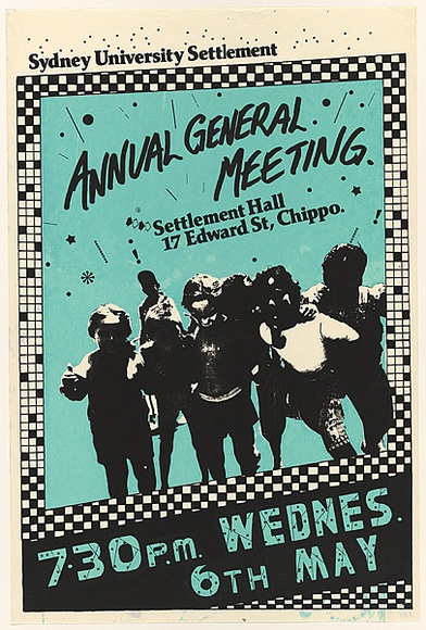 Artist: b'Lane, Leonie.' | Title: b'Sydney University Settlement - Annual General Meeting.' | Date: 1981 | Technique: b'screenprint, printed in colour, from two stencils' | Copyright: b'\xc2\xa9 Leonie Lane'