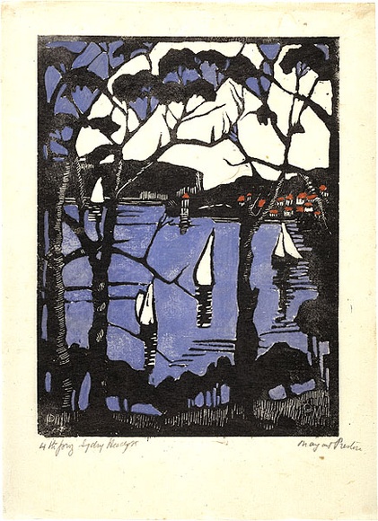 Artist: b'PRESTON, Margaret' | Title: b'Sydney Heads [1].' | Date: 1925 | Technique: b'woodcut, printed in black ink, from one block; hand-coloured' | Copyright: b'\xc2\xa9 Margaret Preston. Licensed by VISCOPY, Australia'