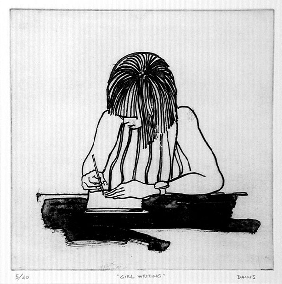 Artist: Daws, Lawrence. | Title: Girl writing. | Date: 1978 | Technique: aquatint, printed in black ink, from one plate | Copyright: © Lawrence Daws