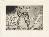 Artist: BOYD, Arthur | Title: not titled [3 figures and upside down bull] | Date: 1981 | Technique: etching and dry point, printed in black ink, from one plate | Copyright: Reproduced with permission of Bundanon Trust