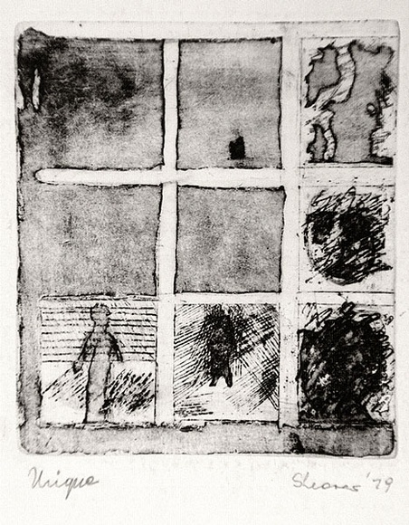 Artist: b'SHEARER, Mitzi' | Title: b'See through a window darkly' | Date: 1979 | Technique: b'etching and aquatint, printed in black ink, from one plate'