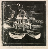 Artist: ROSENGRAVE, Harry | Title: The landing | Date: (1955) | Technique: linocut, printed in black ink, from one block