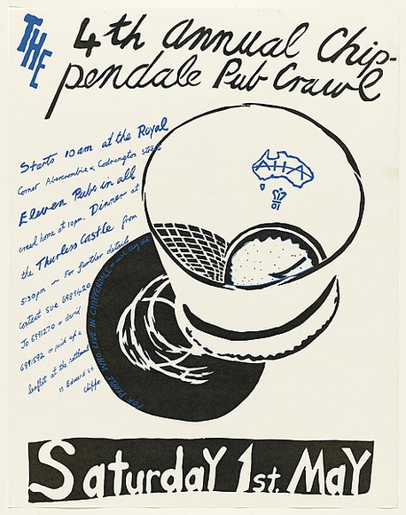 Artist: b'WORSTEAD, Paul' | Title: b'The fourth Annual Chippendale Pub Crawl ... Saturday 1st. May' | Date: 1976 | Technique: b'screenprint, printed in colour, from multiple stencils' | Copyright: b'This work appears on screen courtesy of the artist'