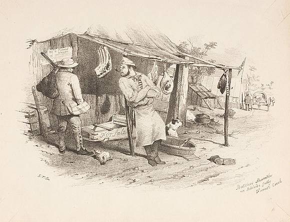 Artist: b'GILL, S.T.' | Title: b'Butchers shamble near Adelaide Gully, Forrest Creek.' | Date: 1852 | Technique: b'lithograph, printed in black ink, from one stone'