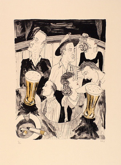 Artist: b'Hay, Bill.' | Title: b'Snobs at the bar' | Date: 1989, June-August | Technique: b'lithograph, printed in black ink, from one plate; hand-coloured'