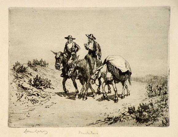 Artist: b'LINDSAY, Lionel' | Title: b'Muleteers, Spain' | Date: 1921 | Technique: b'etching printed green-black ink with plate-tone, from one plate' | Copyright: b'Courtesy of the National Library of Australia'