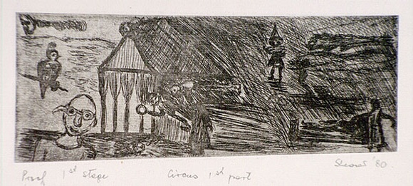 Artist: SHEARER, Mitzi | Title: Circus, first part | Date: 1980 | Technique: etching, printed in black ink with plate-tone, from one  plate