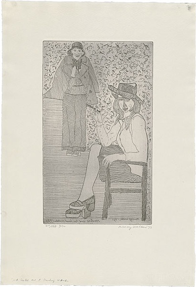 Artist: b'WALKER, Murray' | Title: b'A seated and a standing woman.' | Date: 1973 | Technique: b'etching, printed in black ink, from one plate'