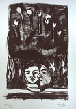 Artist: b'Bourke, Collien.' | Title: b'not titled [two faces in oval near water]' | Date: 1995, 6 March | Technique: b'lithograph, printed in black ink, from one stone'